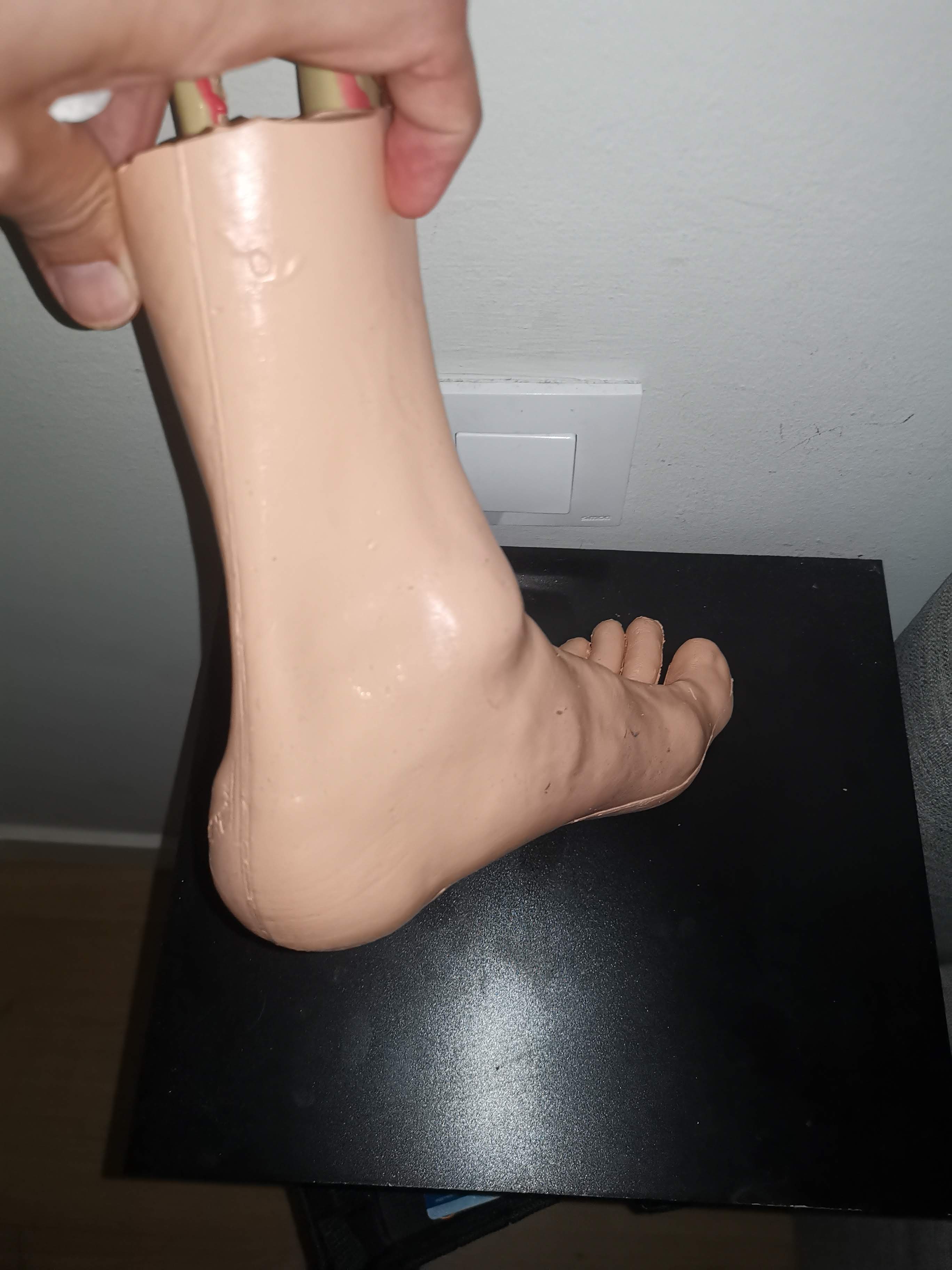 Detalle del biomodelo de pie y tobillo sostenido con una mano.